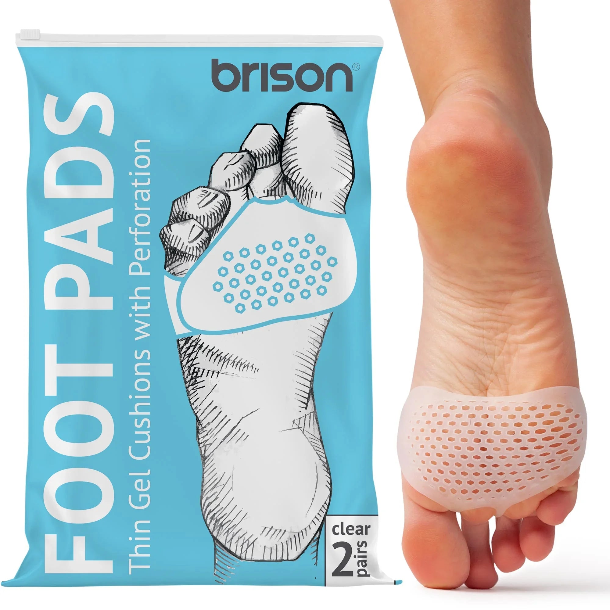 Brison Health Gel Metatarsal Pads - the perfect solution to your forefoot pain! Our medical-grade elastic material is perforated for breathability and sweat reduction, while the compact design allows for wear with open-toe shoes.