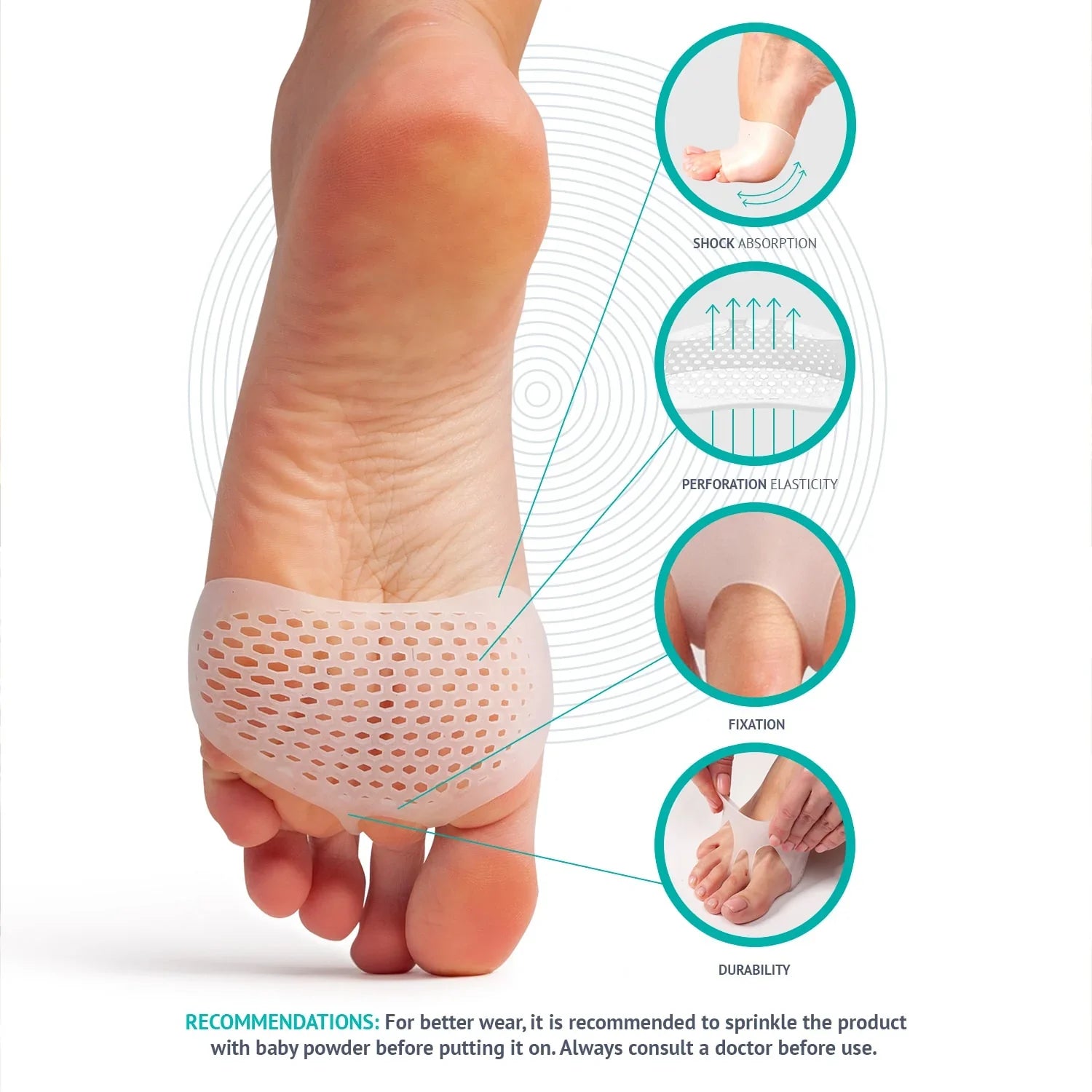 Brison Health Gel Metatarsal Pads - the perfect solution to your forefoot pain! Our medical-grade elastic material is perforated for breathability and sweat reduction, while the compact design allows for wear with open-toe shoes.