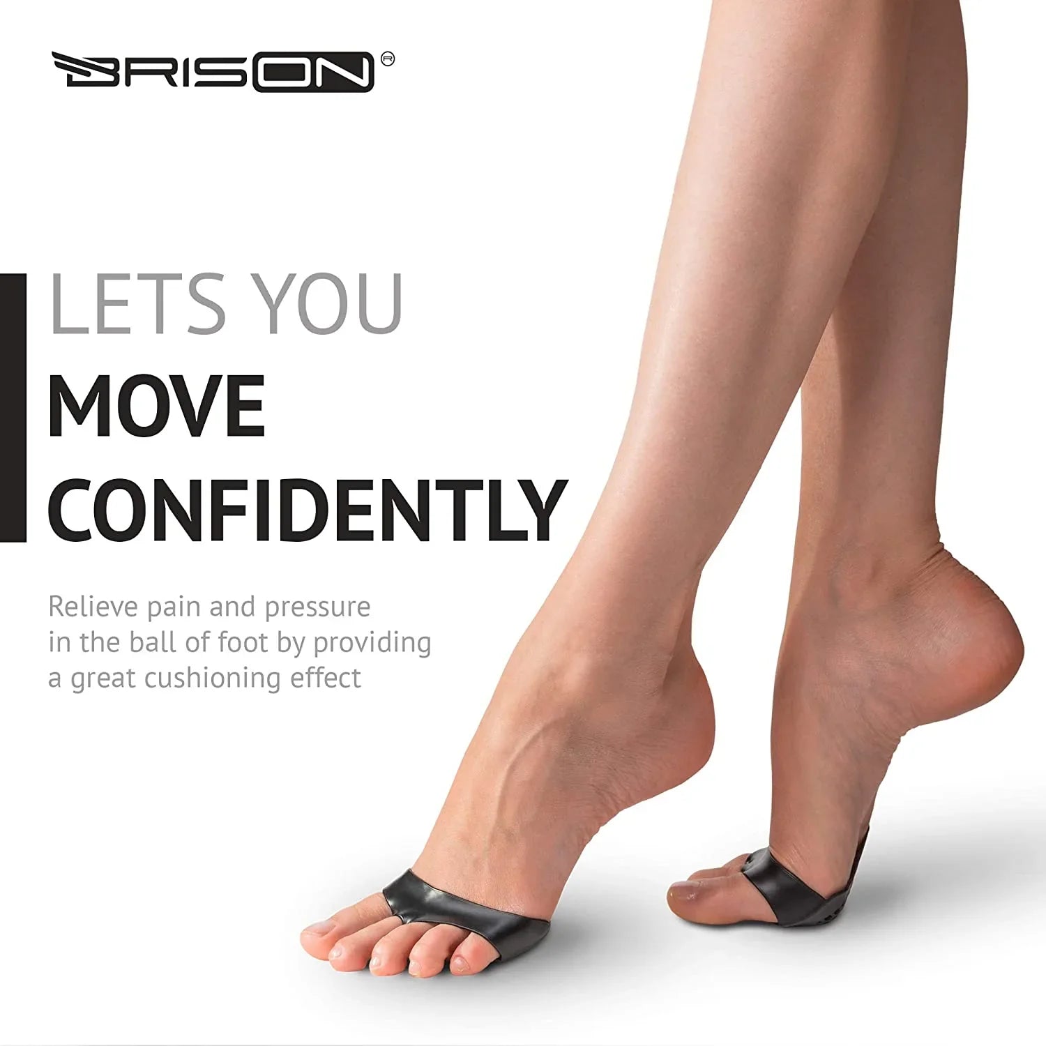 Brison Health Gel Metatarsal Pads - the perfect solution to your forefoot pain! Our medical-grade elastic material is perforated for breathability and sweat reduction, while the compact design allows for wear with open-toe shoes.