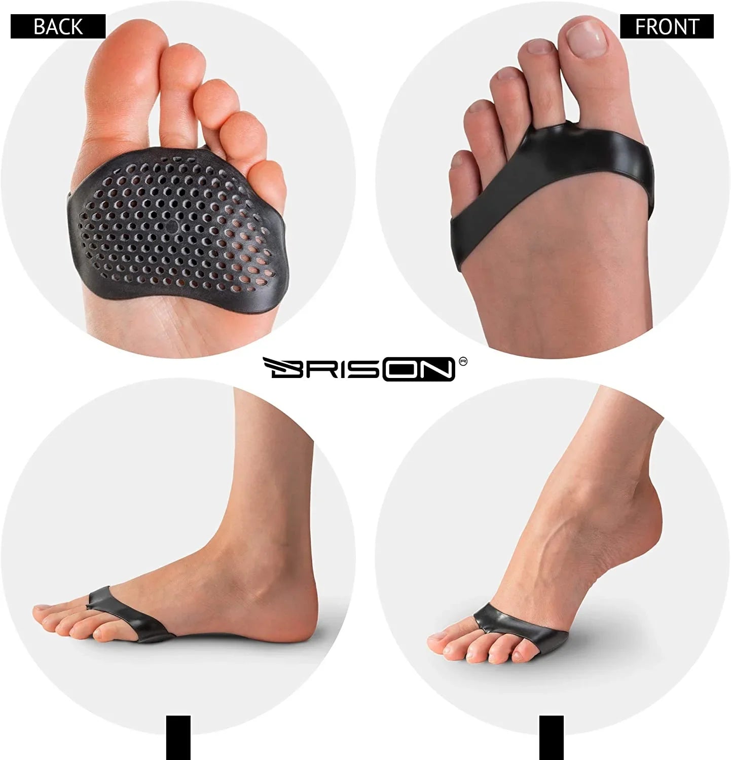 Brison Health Gel Metatarsal Pads - the perfect solution to your forefoot pain! Our medical-grade elastic material is perforated for breathability and sweat reduction, while the compact design allows for wear with open-toe shoes.