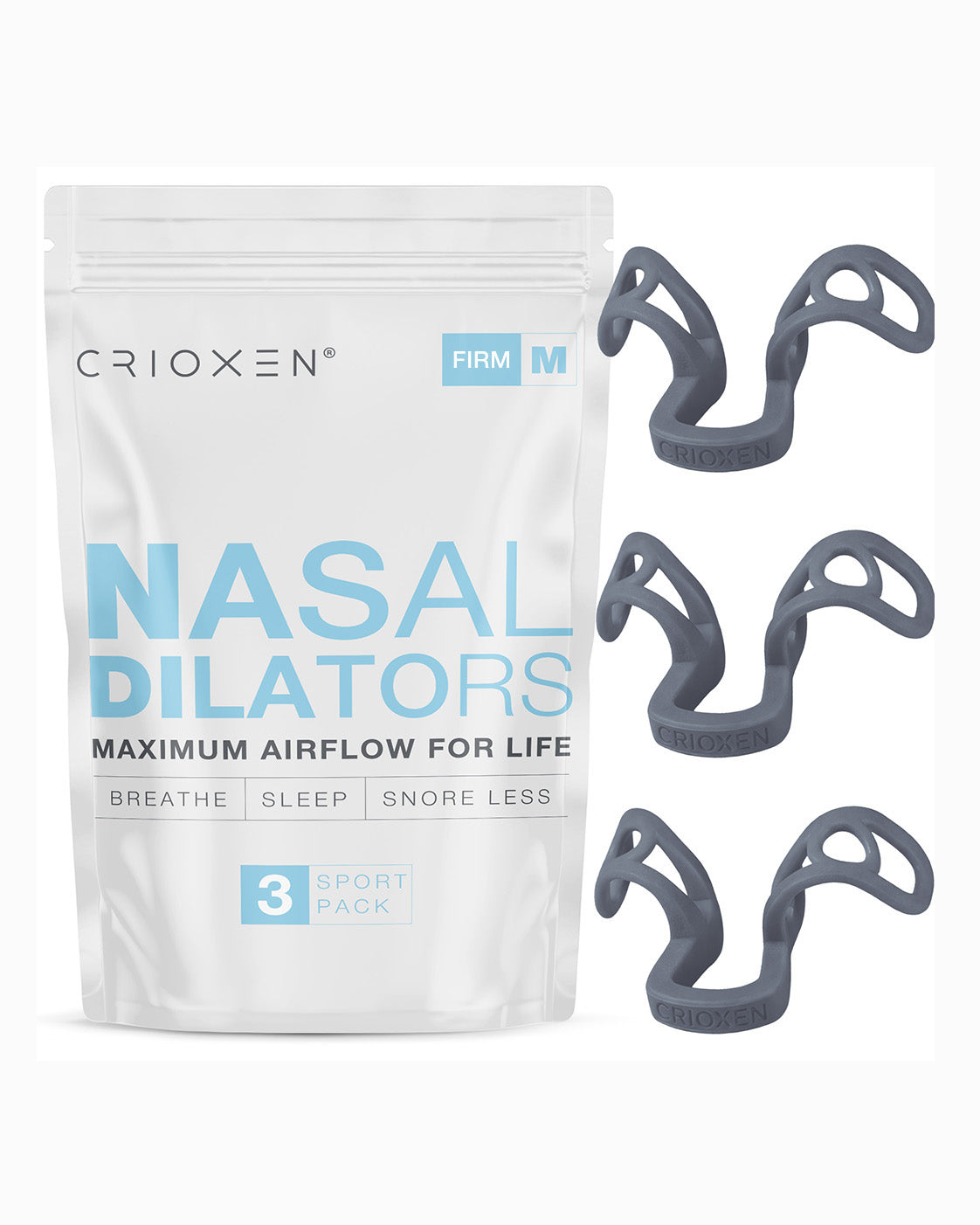 CRIOXEN Nasal Dilator for Easier Nasal Breathing and Better Sleep. Reusable Anti-Snoring Device. Helps Improve Airflow, Open Nasal Passages, Reduce Snoring and Support Sports Performance. Black Color Device with a Package on Wight Background. 3 Pack Nasal Dilators.