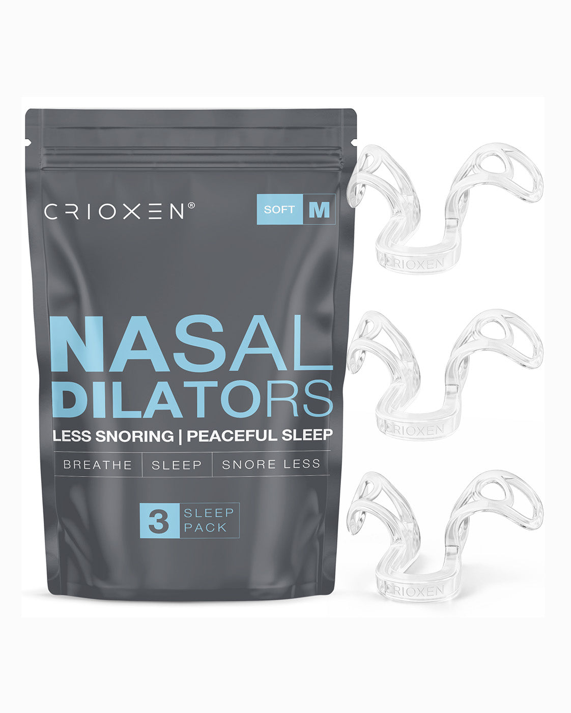 CRIOXEN Nasal Dilator for Easier Nasal Breathing and Better Sleep. Reusable Anti-Snoring Device. Helps Improve Airflow, Open Nasal Passages, Reduce Snoring and Support Sports Performance. Clear Color Device with a Package on Wight Background. 3 Pack Nasal Dilators.