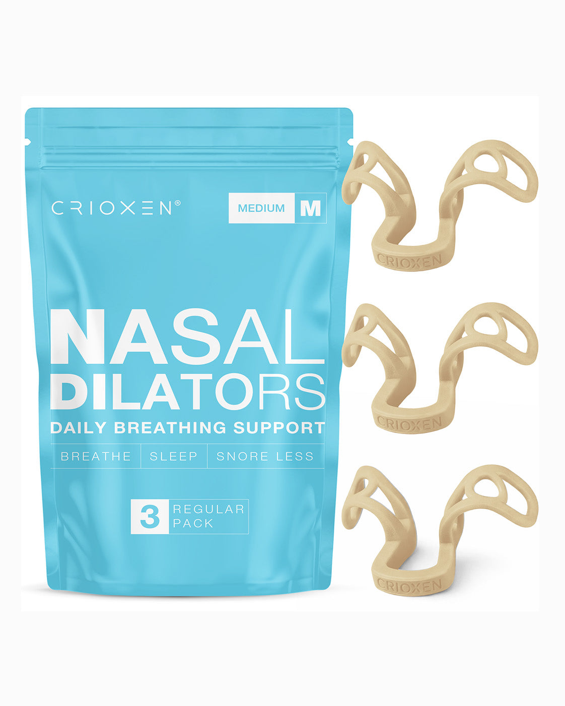 CRIOXEN Nasal Dilator for Easier Nasal Breathing and Better Sleep. Reusable Anti-Snoring Device. Helps Improve Airflow, Open Nasal Passages, Reduce Snoring and Support Sports Performance. Beige Color Device with a Package on Wight Background. 3 Pack Nasal Dilators.