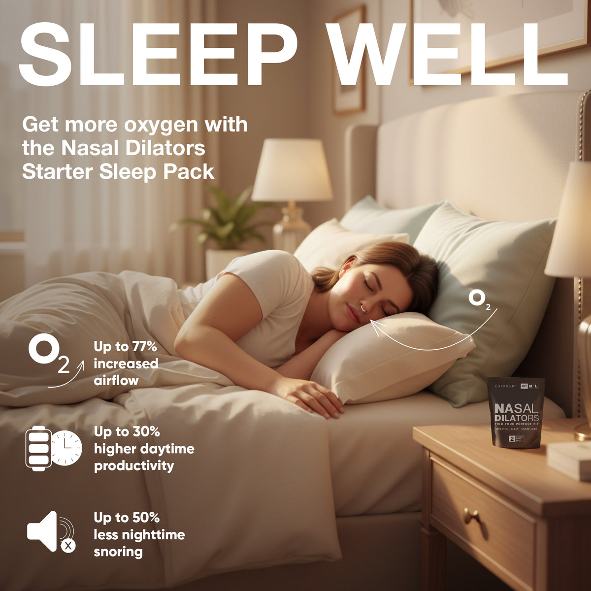 CRIOXEN Nasal Dilator for Easier Nasal Breathing and Better Sleep. Reusable Anti-Snoring Device. Helps Improve Airflow, Open Nasal Passages, Reduce Snoring and Support Sports Performance. A Woman  wih Nasal Dilators Sleeping Peacefully in a Warmly Lit Bedroom.