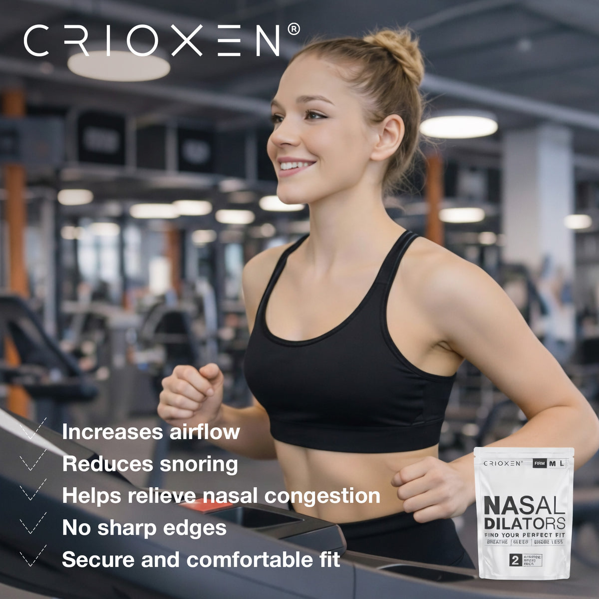 CRIOXEN Nasal Dilator for Easier Nasal Breathing and Better Sleep. Reusable Anti-Snoring Device. Helps Improve Airflow, Open Nasal Passages, Reduce Snoring and Support Sports Performance. Woman in a Gym Training with Nasal Dilators.