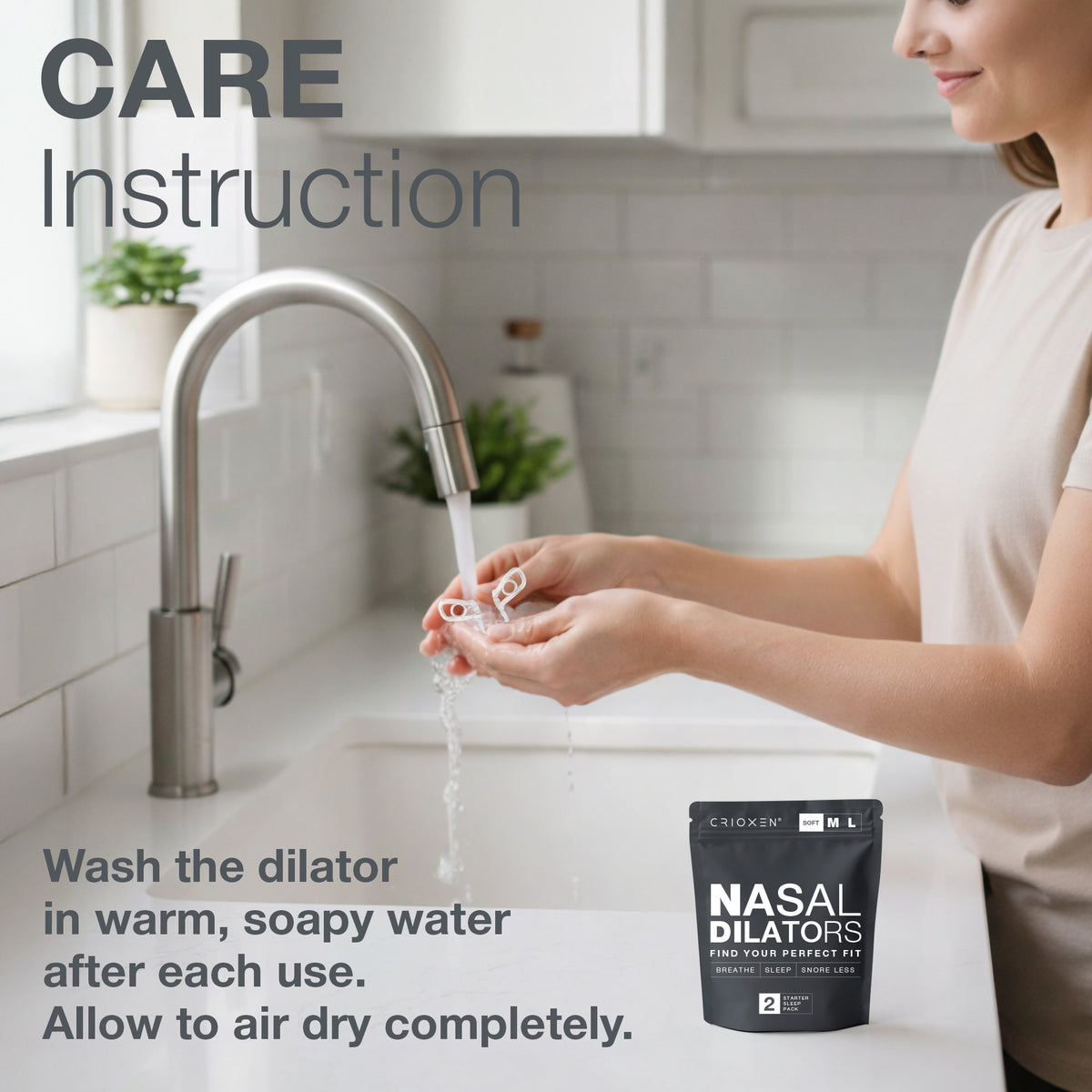 CRIOXEN Nasal Dilator for Easier Nasal Breathing and Better Sleep. Reusable Anti-Snoring Device. Helps Improve Airflow, Open Nasal Passages, Reduce Snoring and Support Sports Performance. A Woman Washing Nasal Dilators under Running Water.