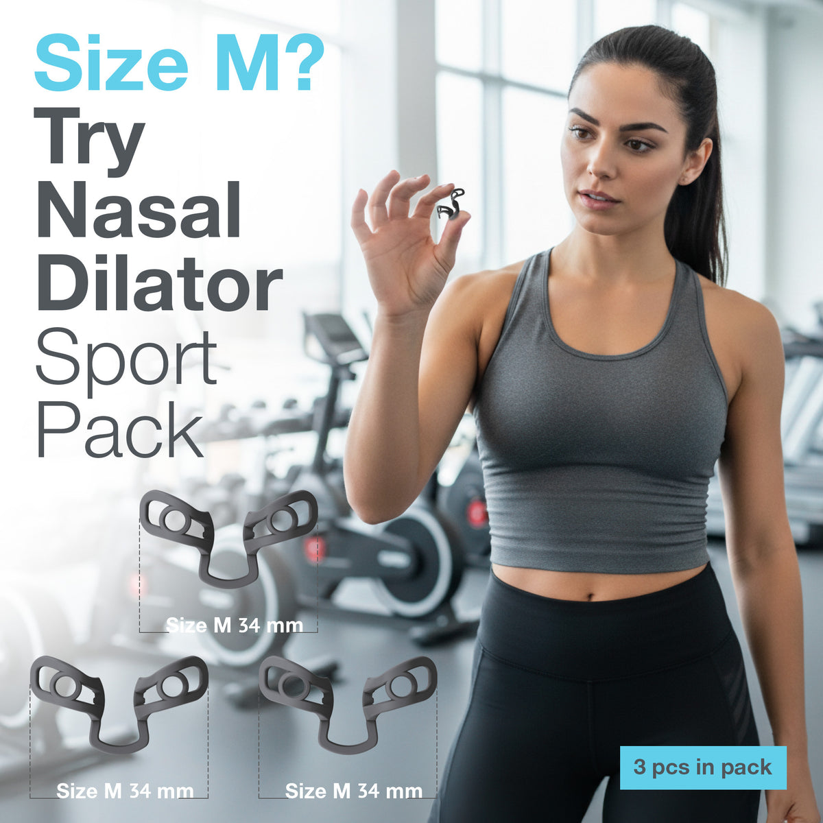 CRIOXEN Nasal Dilator for Easier Nasal Breathing and Better Sleep. Reusable Anti-Snoring Device. Helps Improve Airflow, Open Nasal Passages, Reduce Snoring and Support Sports Performance. A Woman Stands in a Gym Holding in a Hand a Small Black Nasal Dilators.