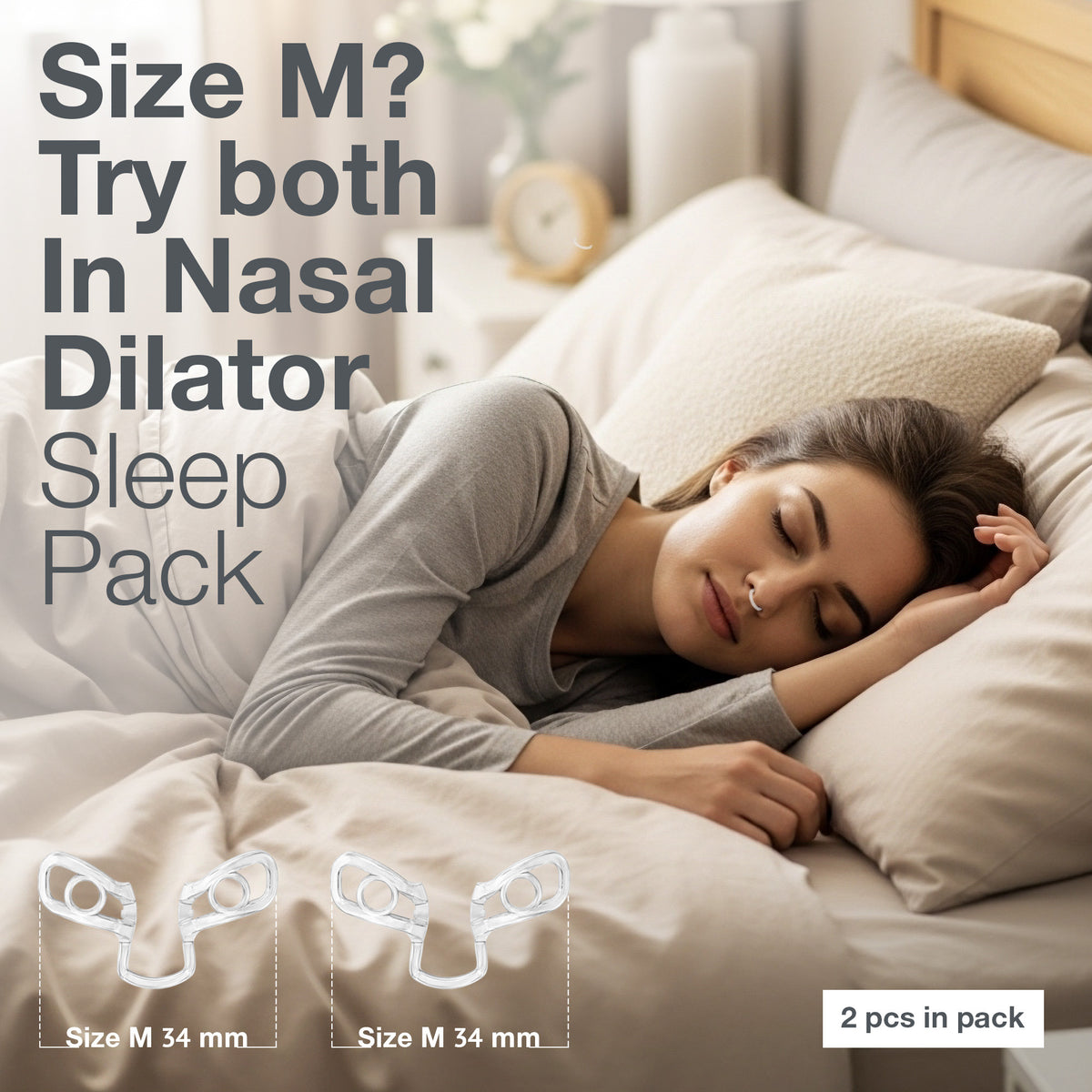 CRIOXEN Nasal Dilator for Easier Nasal Breathing and Better Sleep. Reusable Anti-Snoring Device. Helps Improve Airflow, Open Nasal Passages, Reduce Snoring and Support Sports Performance. A Woman  wih Nasal Dilators Sleeping Peacefully in a Warmly Lit Bedroom.