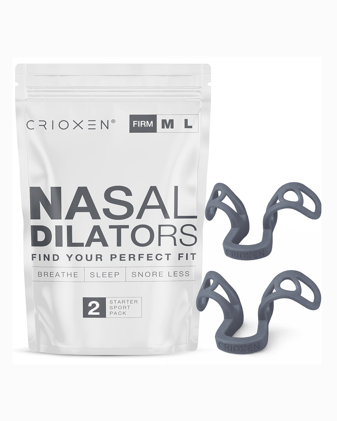 CRIOXEN Nasal Dilator for Easier Nasal Breathing and Better Sleep. Reusable Anti-Snoring Device. Helps Improve Airflow, Open Nasal Passages, Reduce Snoring and Support Sports Performance. Black Color Device with a Package on Wight Background. 2 Pack Nasal Dilators.