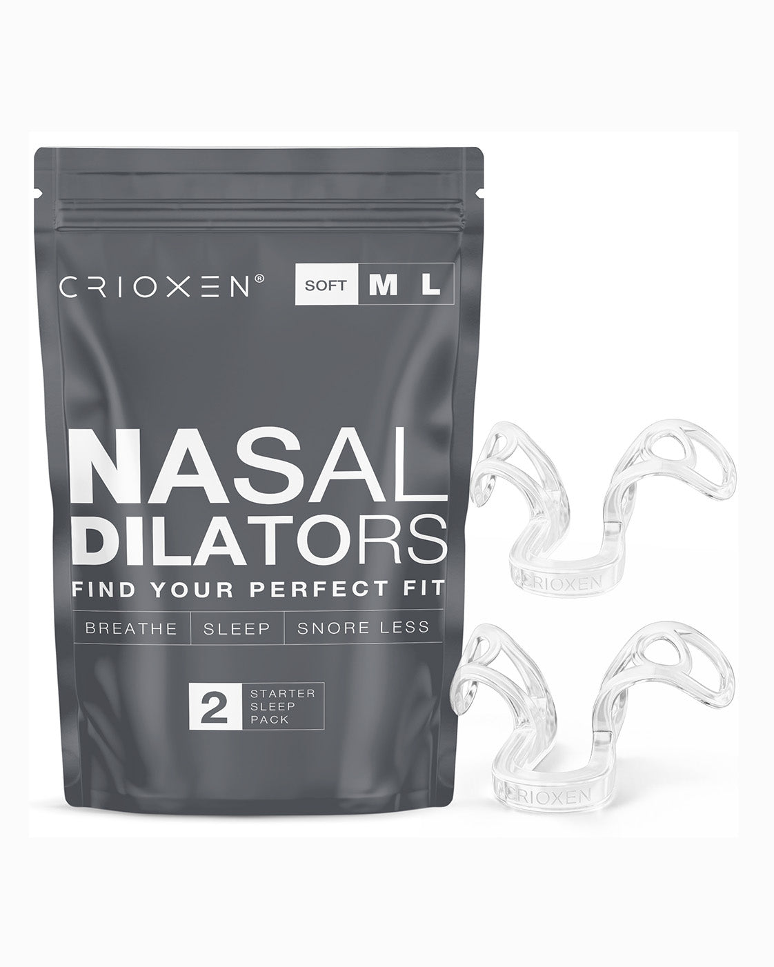 CRIOXEN Nasal Dilator for Easier Nasal Breathing and Better Sleep. Reusable Anti-Snoring Device. Helps Improve Airflow, Open Nasal Passages, Reduce Snoring and Support Sports Performance. Clear Color Device with a Package on Wight Background. 2 Pack Nasal Dilators.