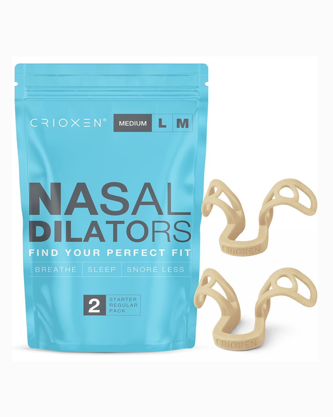 CRIOXEN Nasal Dilator for Easier Nasal Breathing and Better Sleep. Reusable Anti-Snoring Device. Helps Improve Airflow, Open Nasal Passages, Reduce Snoring and Support Sports Performance. Beige Color Device with a Package on Wight Background. 2 Pack Nasal Dilators.