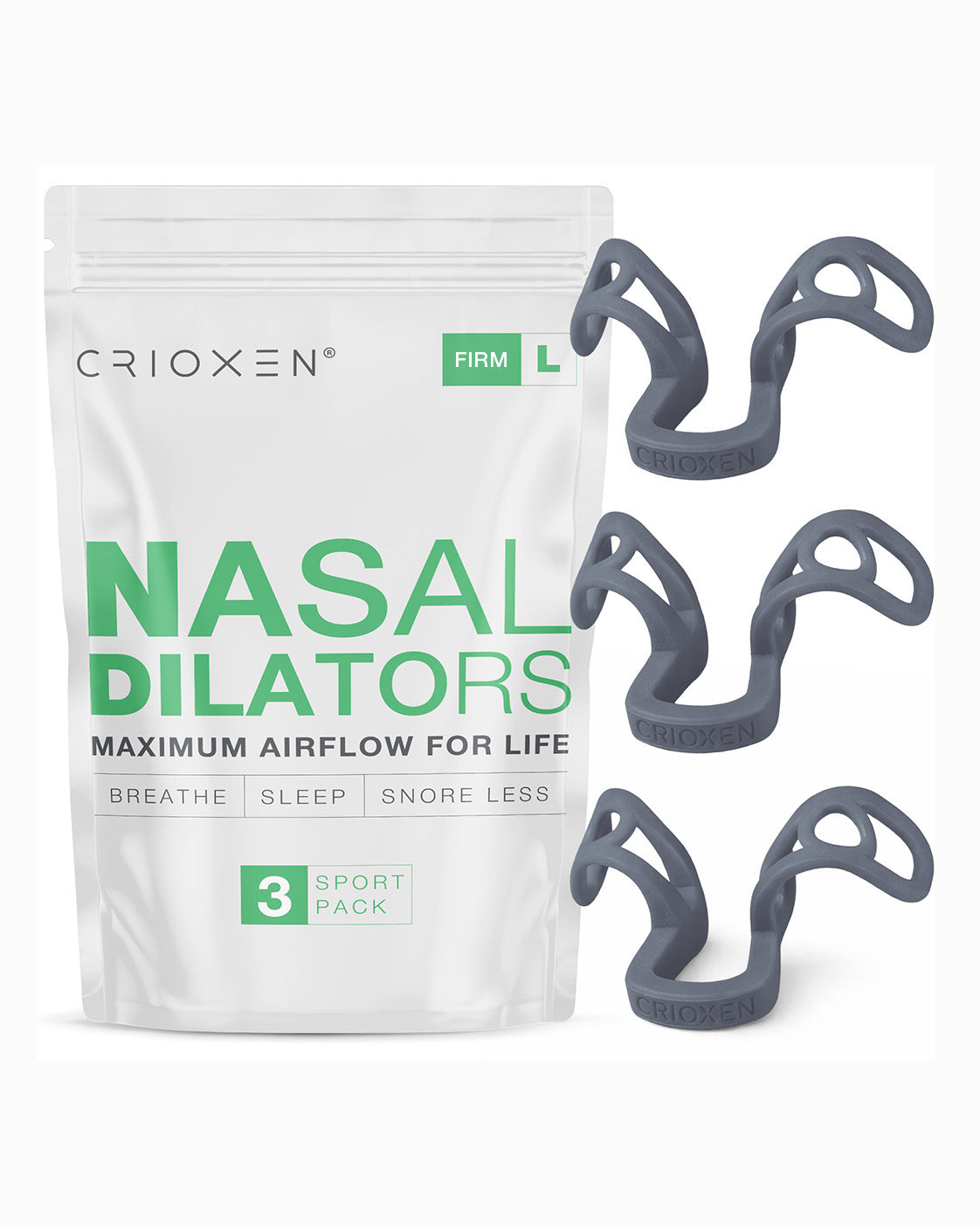 CRIOXEN Nasal Dilator for Easier Nasal Breathing and Better Sleep. Reusable Anti-Snoring Device. Helps Improve Airflow, Open Nasal Passages, Reduce Snoring and Support Sports Performance. Black Color Device with a Package on Wight Background. 3 Pack Nasal Dilators.