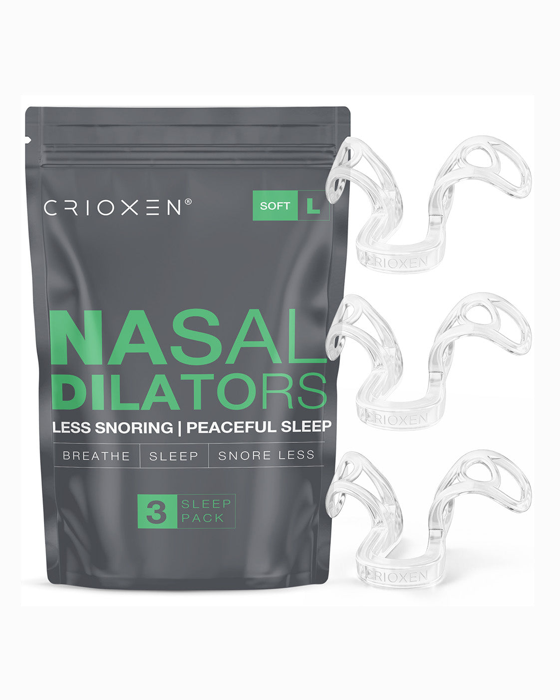 CRIOXEN Nasal Dilator for Easier Nasal Breathing and Better Sleep. Reusable Anti-Snoring Device. Helps Improve Airflow, Open Nasal Passages, Reduce Snoring and Support Sports Performance. Clear Color Device with a Package on Wight Background. 3 Pack Nasal Dilators.